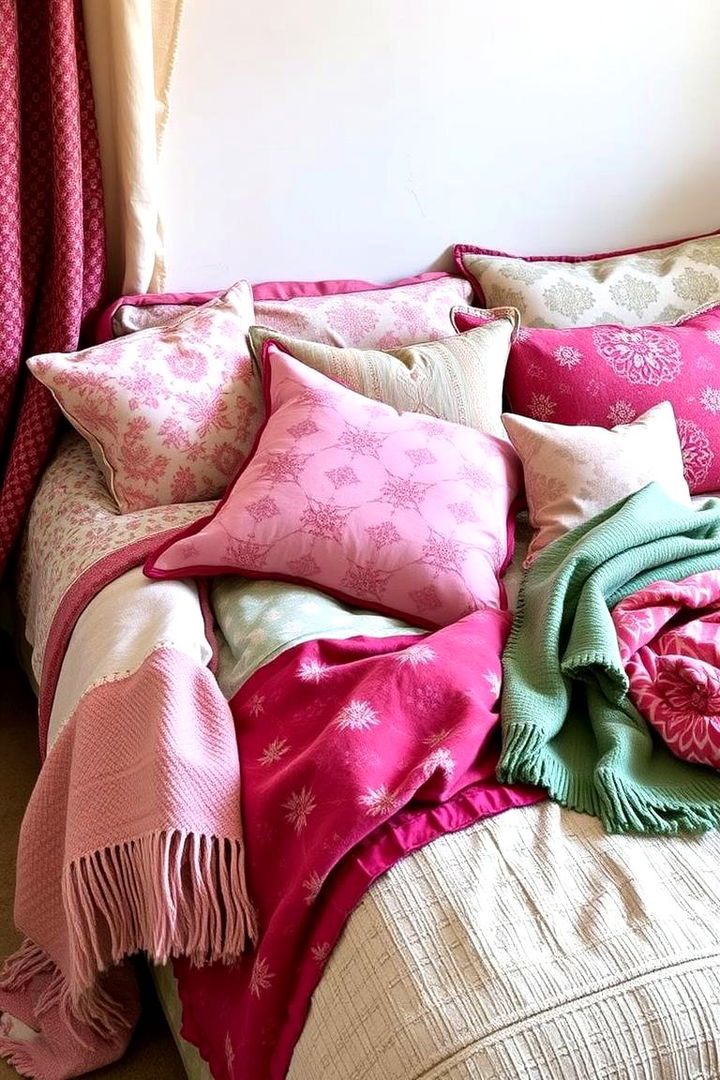 Layered Textile Wonders - 22 Pink and Green Bedroom Ideas