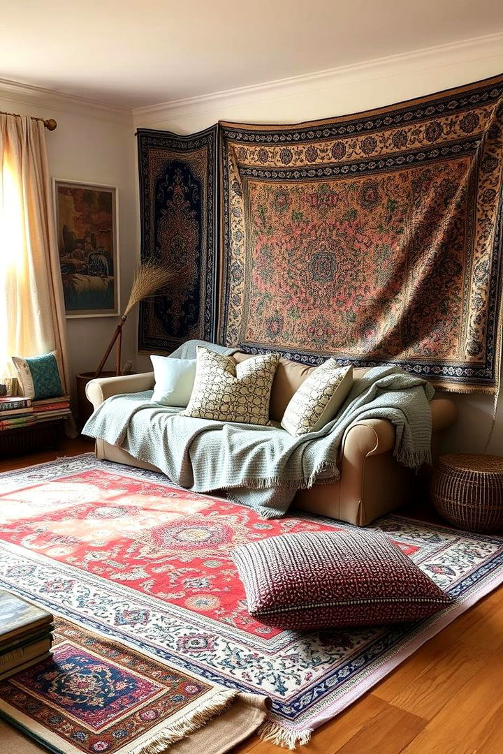 Layered Textiles and Area Rugs for Cozy Ambience - 22 Bohemian Moroccan Living Room Ideas