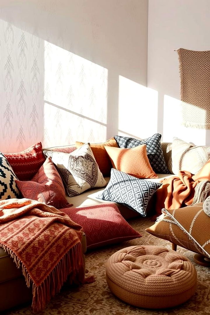 Layered Textiles and Cushions - 22 Minimalist Modern Boho Living Room Ideas