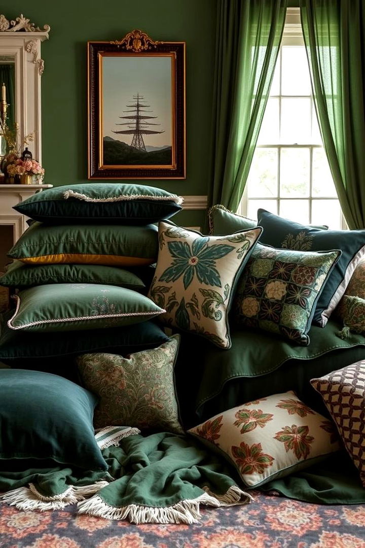 Layered Textiles in Deep Green Tones - 22 Victorian Dark Green Living Room Ideas