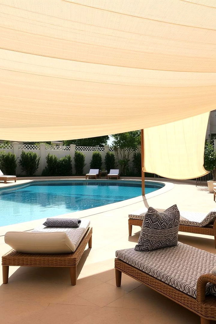 Layered Textural Shade Fabrics - 22 Pool Shade Ideas