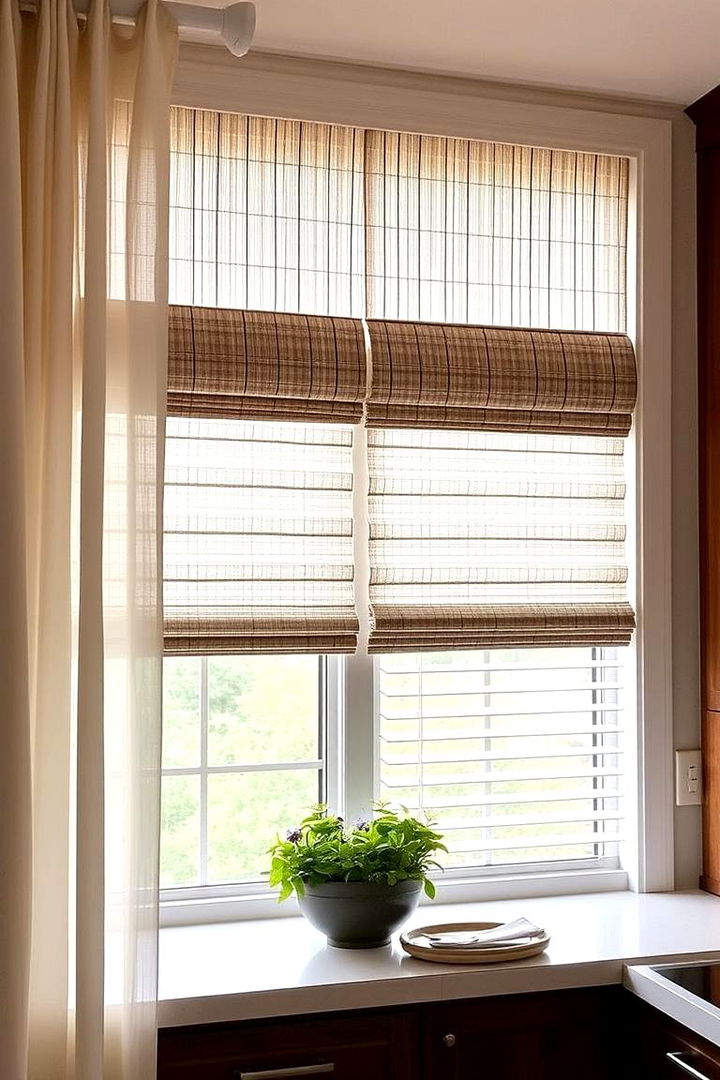 Layered Textures Combining Drapes and Blinds - 22 Kitchen Curtain Ideas