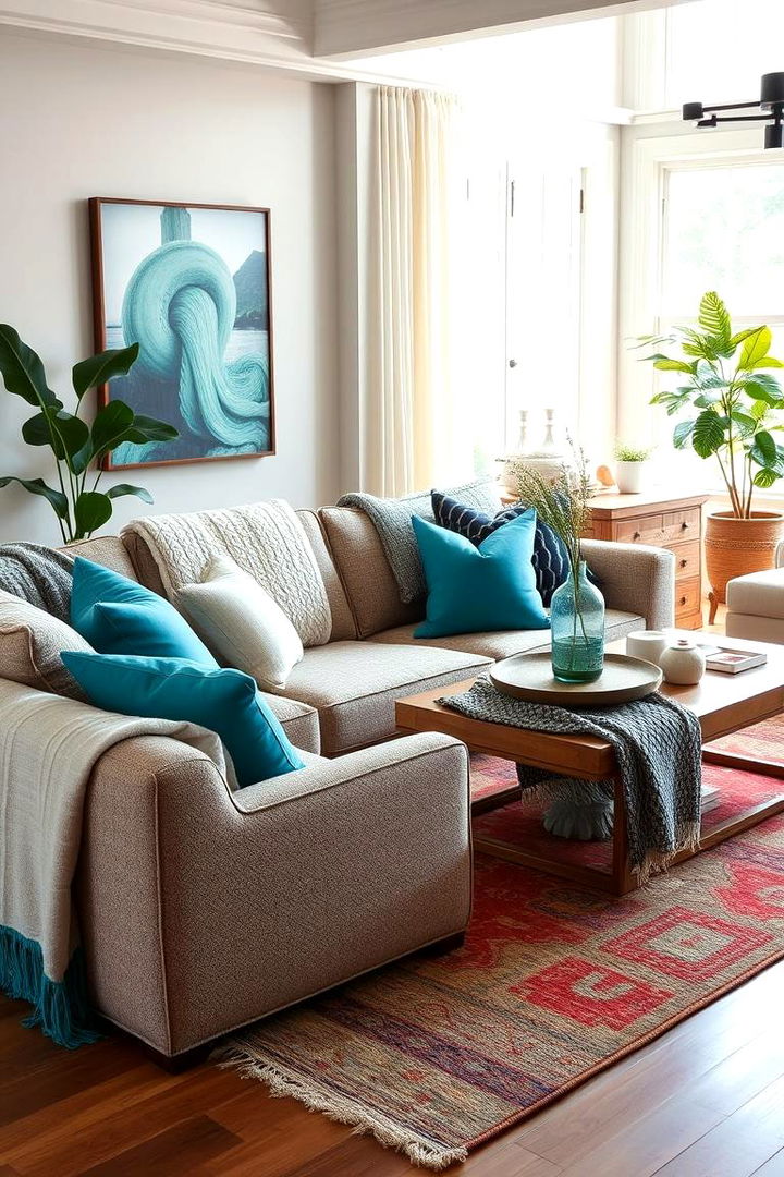 Layered Textures with Turquoise Accents - 22 Turquoise Living Room Ideas