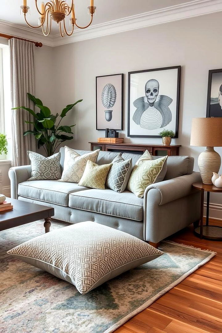 Lively Layered Patterns - 22 Grey and Sage Green Living Room Ideas