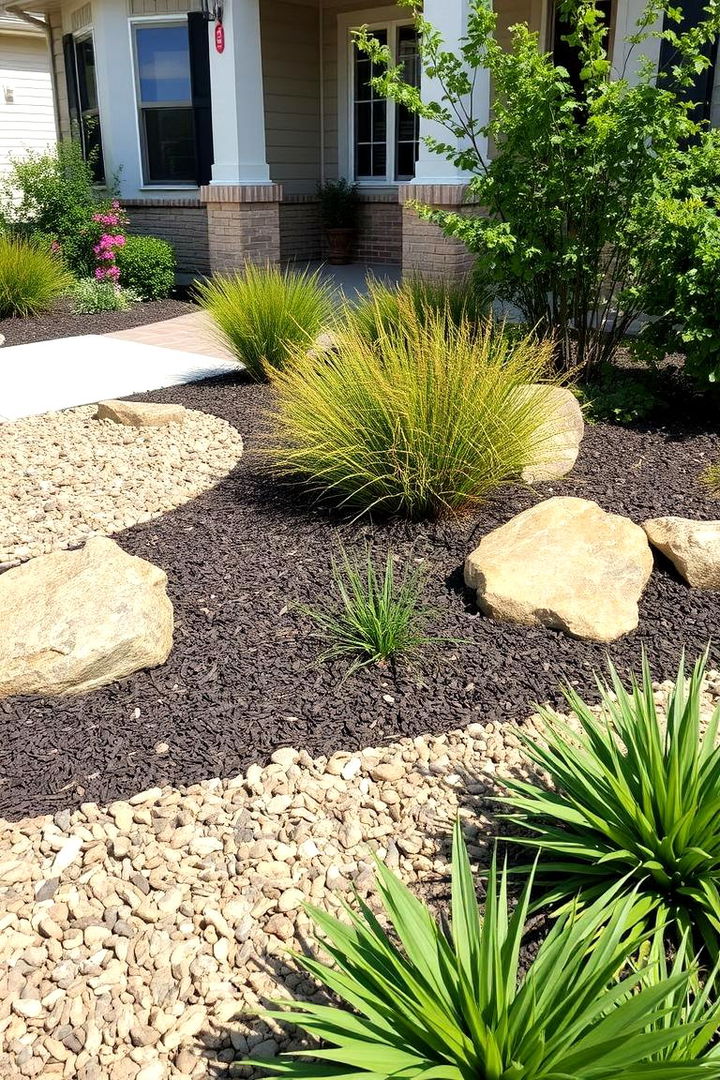 Low Maintenance Front Yard Using Mulch and Decorative Rocks - 22 Front Yard Landscaping Ideas With Rocks and Mulch
