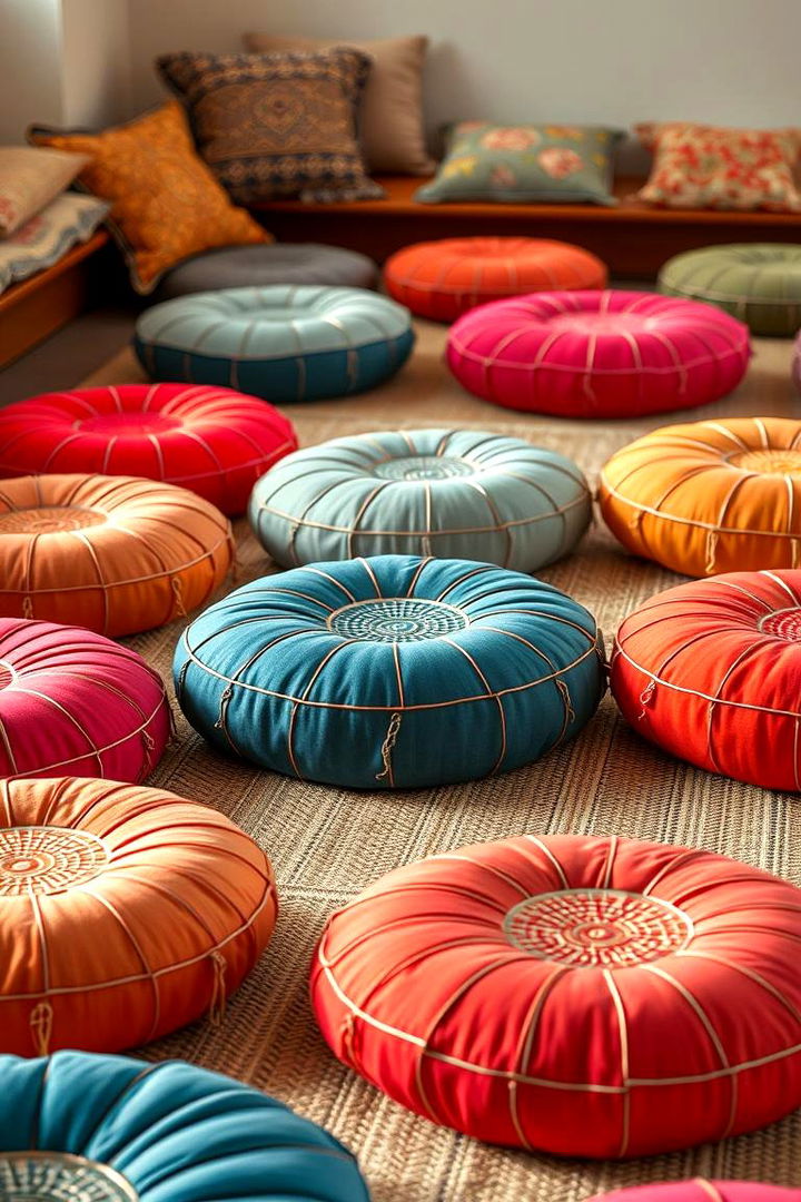 Low Seating with Colorful Poufs and Floor Cushions - 22 Moroccan Living Room Ideas
