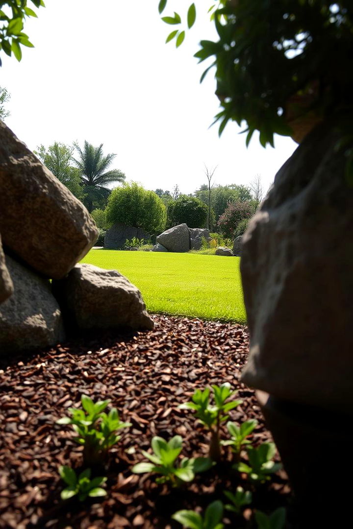 Lush Green Landscape Framed by Artistic Rock Arrangements and Mulch - 22 Front Yard Landscaping Ideas With Rocks and Mulch
