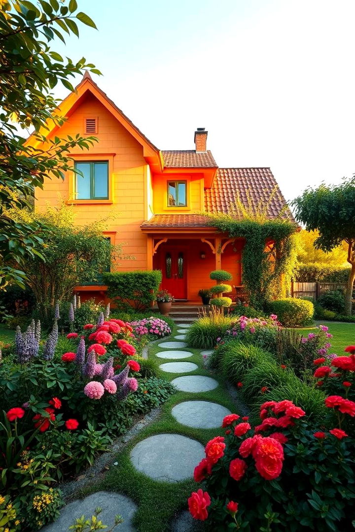 Lush Landscaping Complementing Orange - 22 Orange House Exterior Ideas
