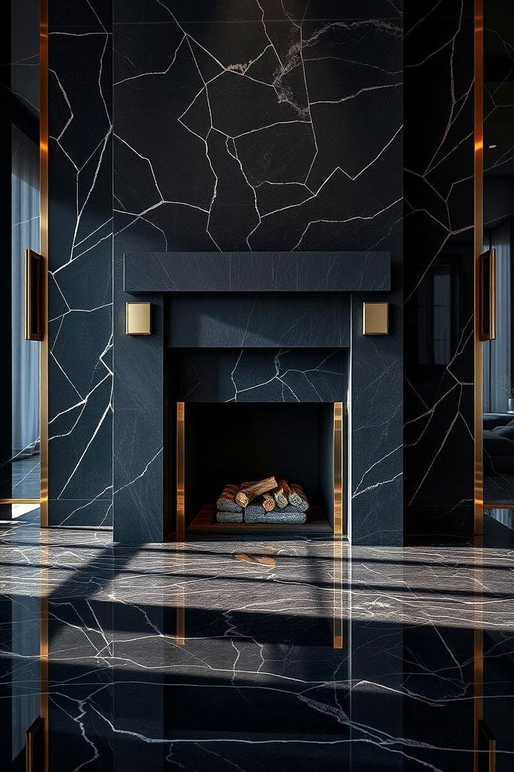 Luxe Black Stone Fireplace with Metallic Accents - 22 Black Stone Fireplace Ideas
