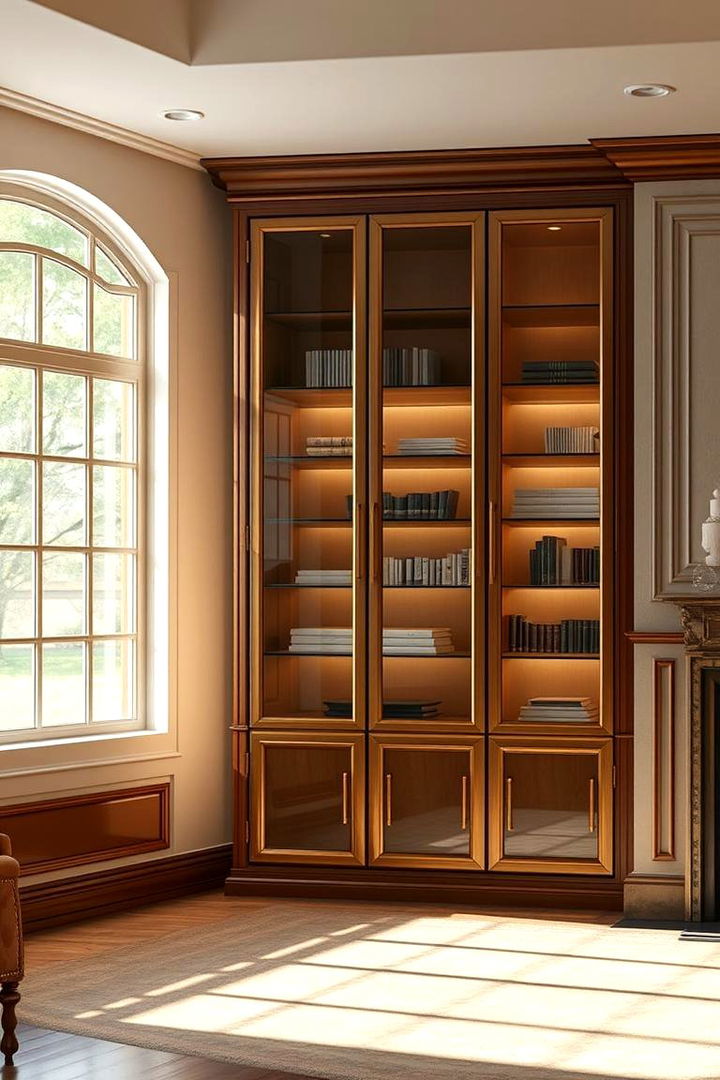 Luxe Bookcase with Glass Doors and Window Views - 22 Bookcases Around Window Design Ideas