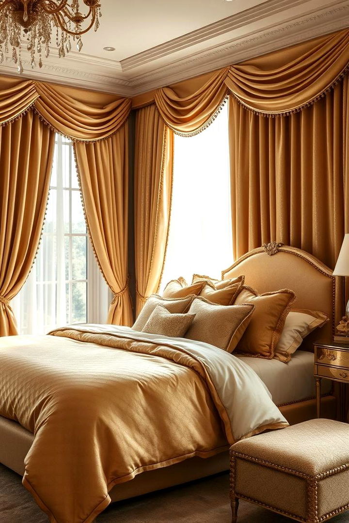 Luxe Gold Bedding and Drapery - 22 Gold Bedroom Ideas