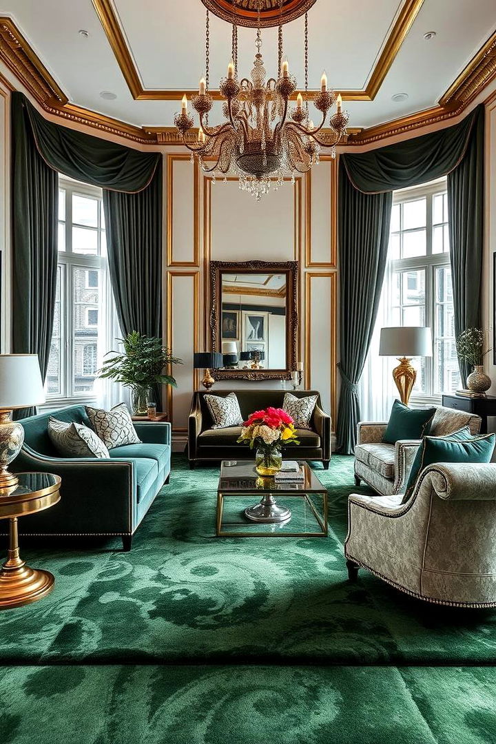 Luxe Green Carpet Accents - 22 Green Carpet Living Room Ideas