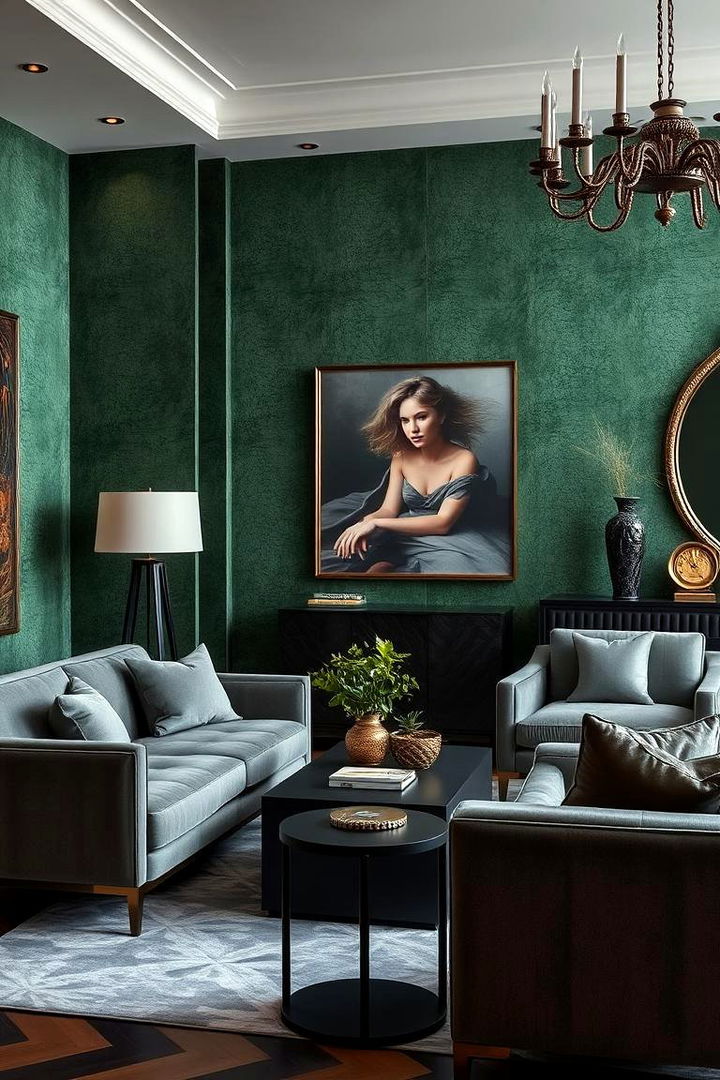 Luxe Layers Textured Green Walls and Sophisticated Grey Furniture - 22 Green and Grey Living Room Ideas