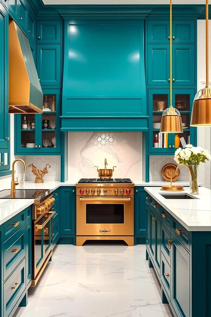 Luxe Teal and White Kitchen with Metallic Accents - 22 Teal and White Kitchen Ideas