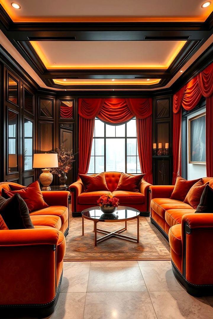 Luxe Velvet Accents - 22 Black and Orange Living Room Ideas