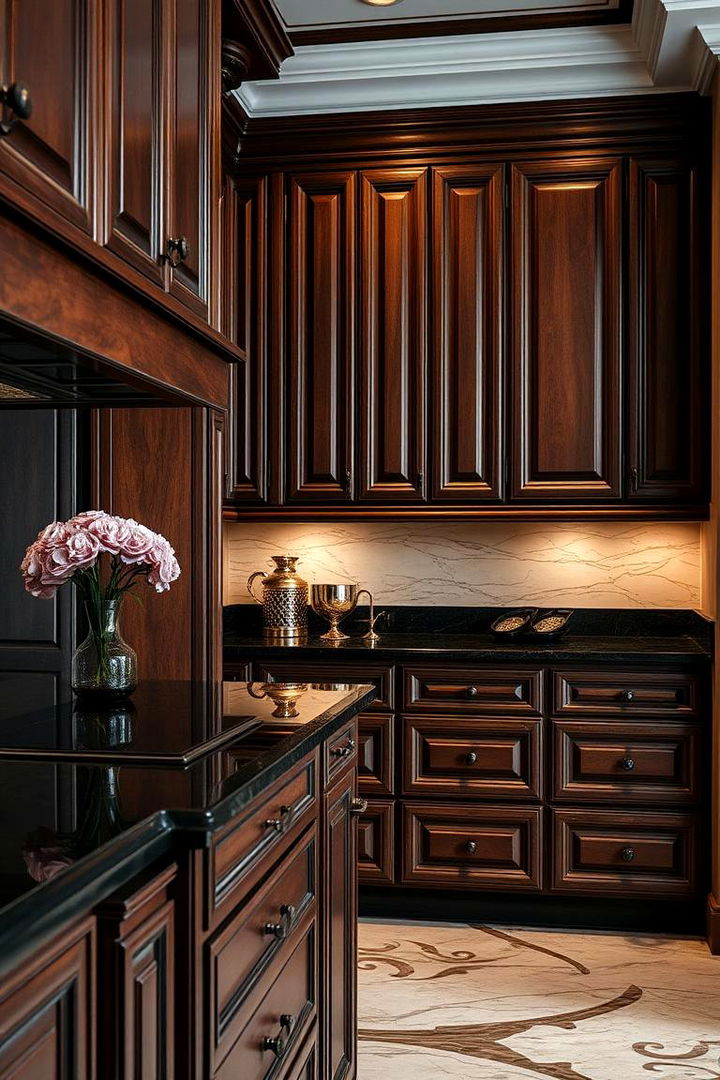 Luxurious Appeal in Everyday Spaces - 22 Brown Kitchen Cabinets With Black Countertops