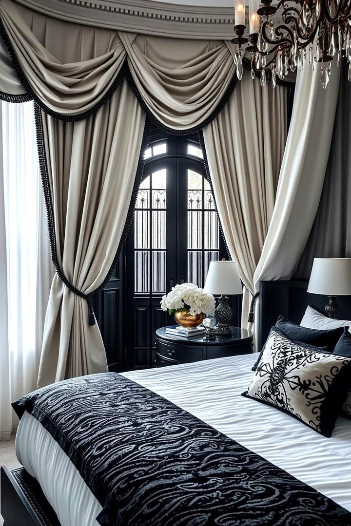Luxurious Fabric Drapery - 22 Feminine Black and White Bedroom Ideas