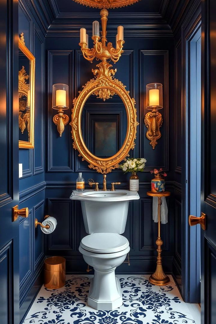 Luxurious Gold Accents with Navy - 22 navy blue powder room ideas