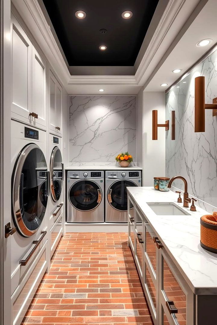 Luxurious Laundry Space with High end Finishes - 22 Brick Floor Laundry Room Ideas