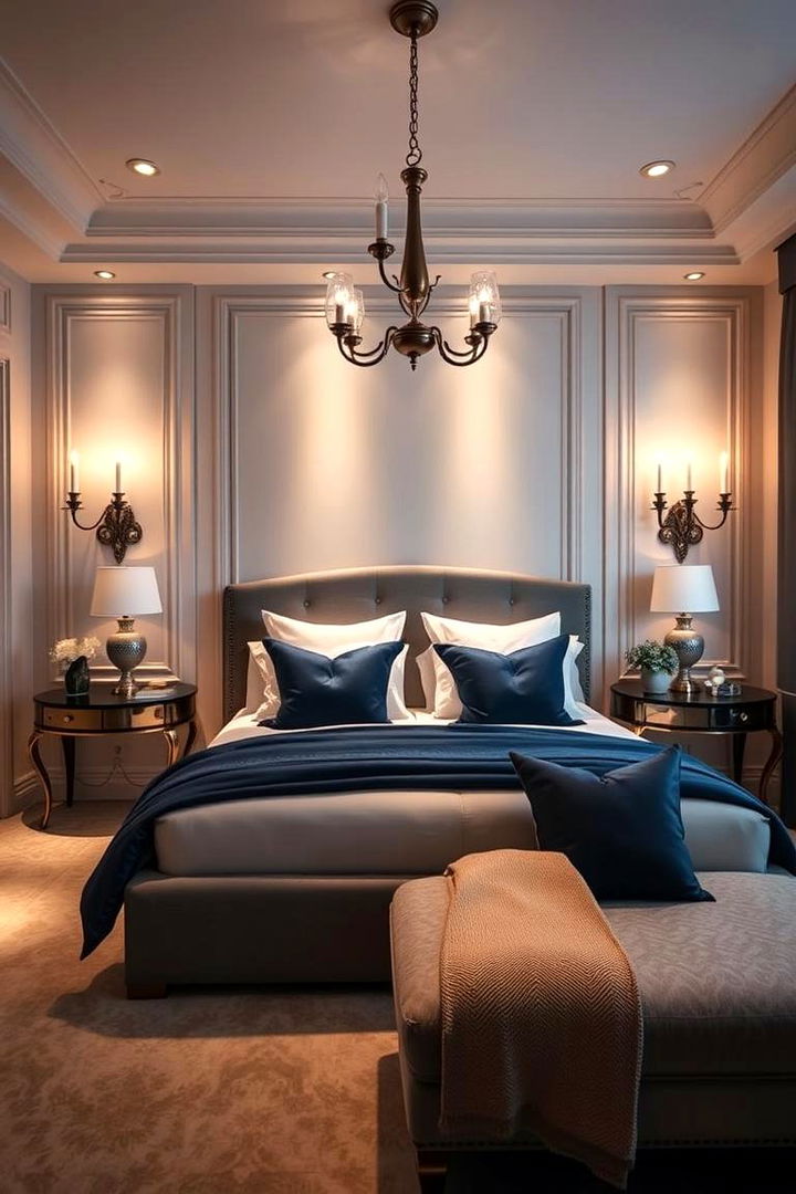 Luxurious Lighting with Navy Accents - 22 Navy Blue Bedroom Ideas