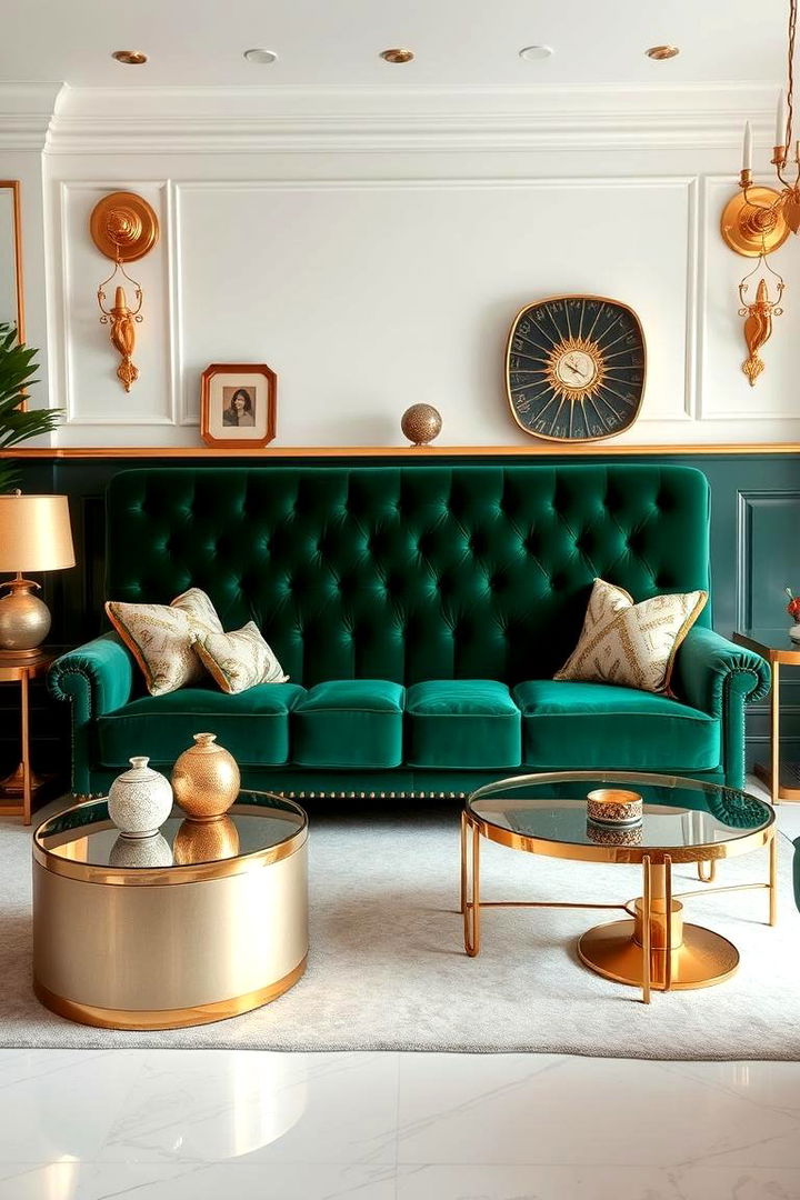 Luxurious Metallic Accents - 22 Emerald Green Sofa Living Room Ideas