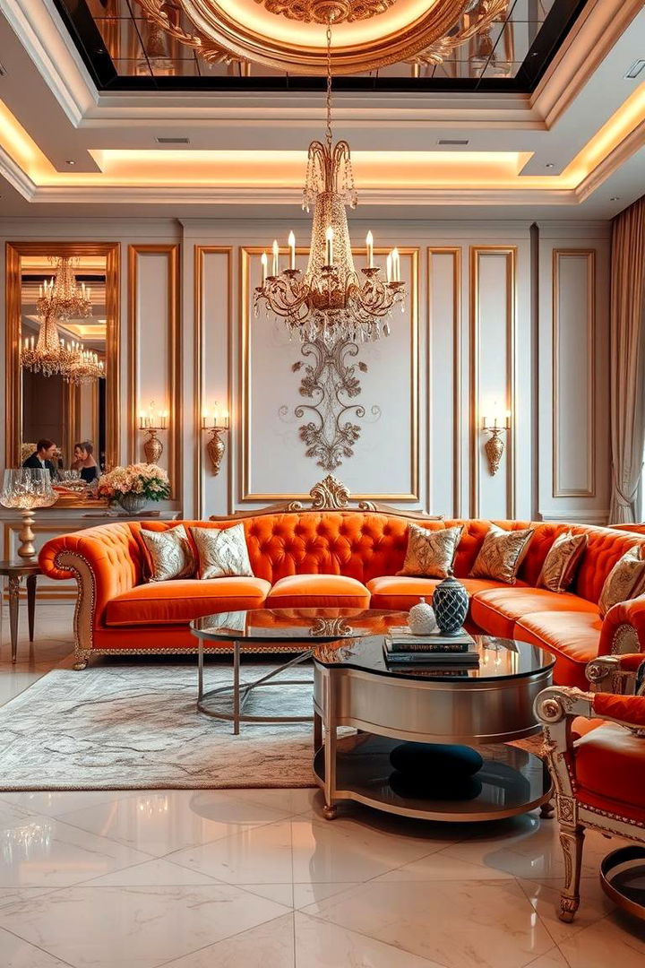 Luxurious Metallic Accents - 22 Orange Couch Living Room Ideas