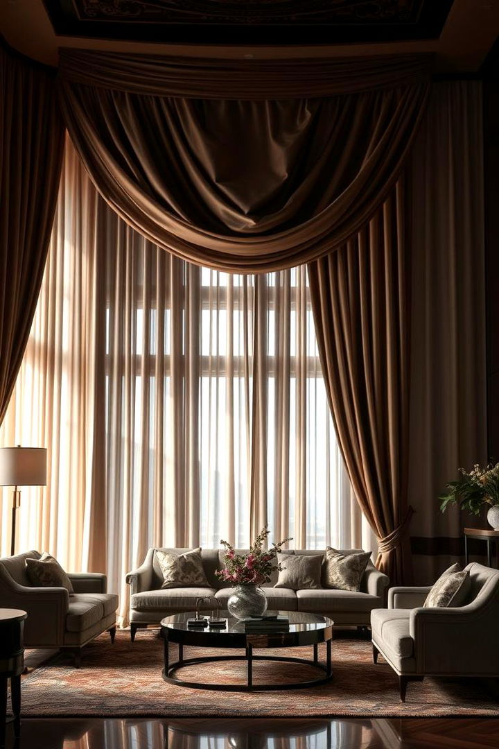 Luxurious Silk Like Draperies Exude Opulence - 22 Living Room Curtain Ideas