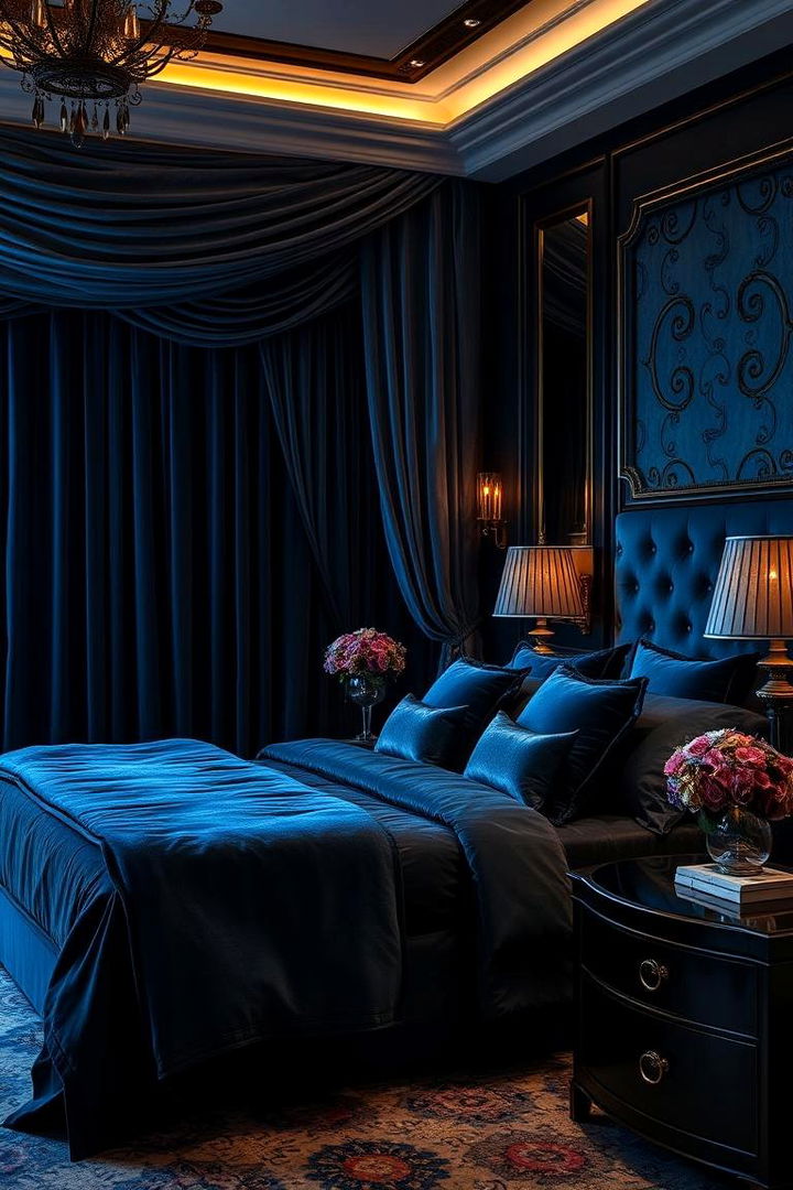 Luxurious Textiles in Bold Shades - 22 Black and Blue Bedroom Ideas