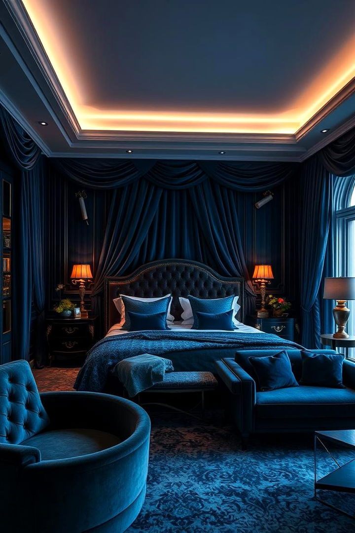 Luxurious Velvet Accents - 22 Dark Blue Bedroom Ideas