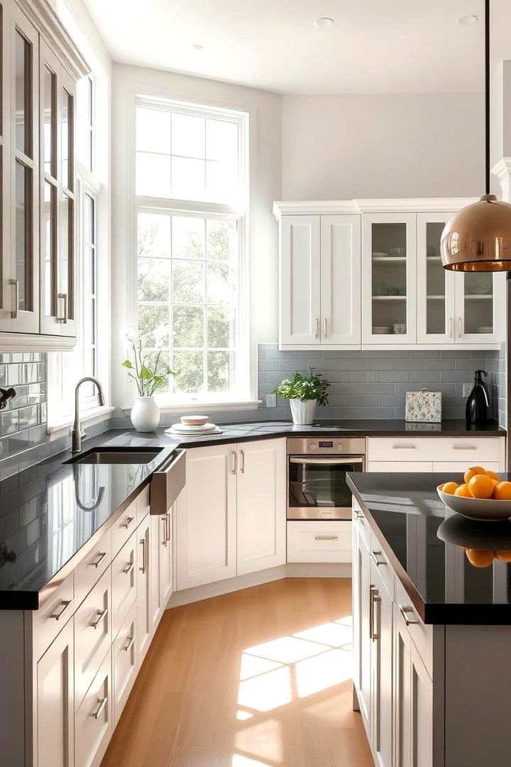 Maximizing Natural and Ambient Light - 22 kitchen with dark countertops and light cabinets