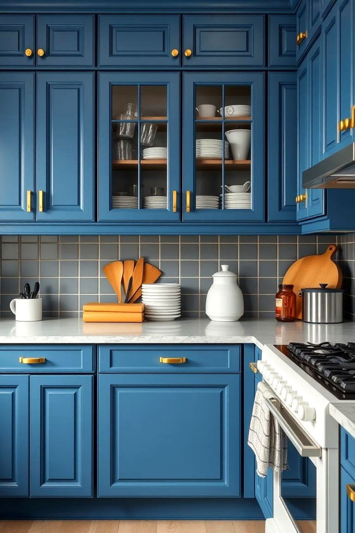 Maximizing Storage Functionality - 22 blue kitchen cabinets with gold hardware
