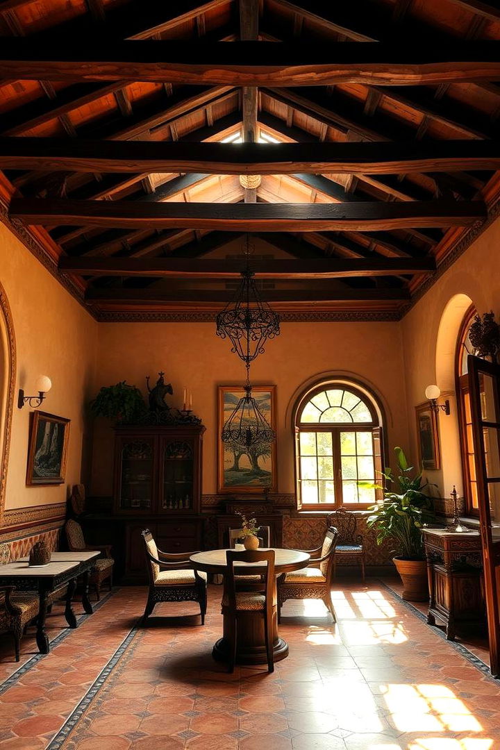 Mediterranean Flair with Textured Wooden Accents - 22 Exposed Beam Living Room Ideas