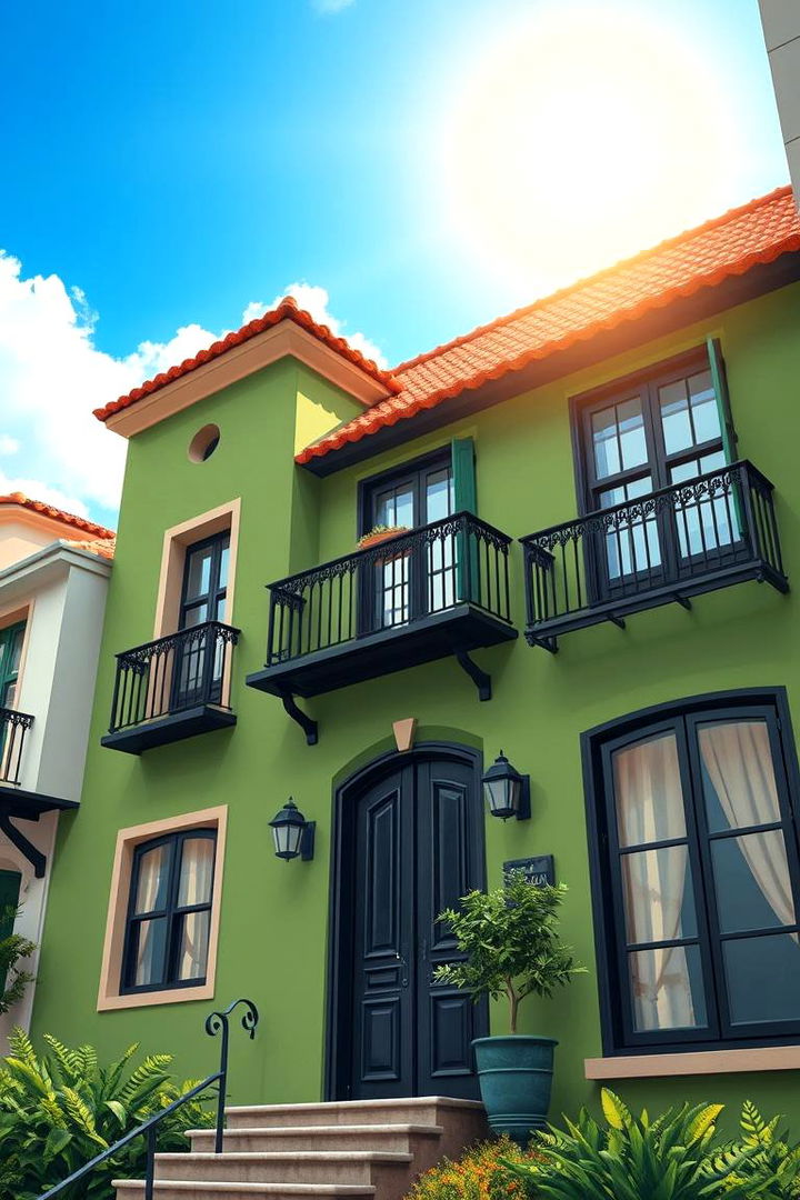 Mediterranean Influence Charm - 22 Green House Exterior With Black Trim