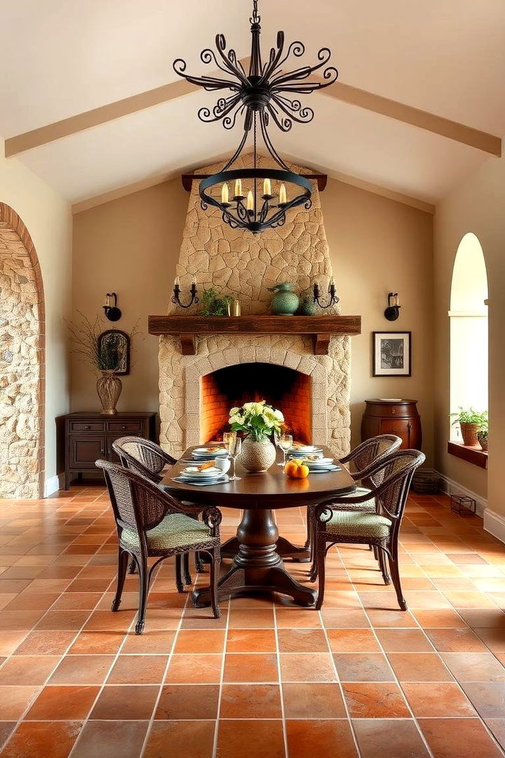 Mediterranean Inspired Dining Atmosphere - 22 Dining Room With Fireplace Ideas
