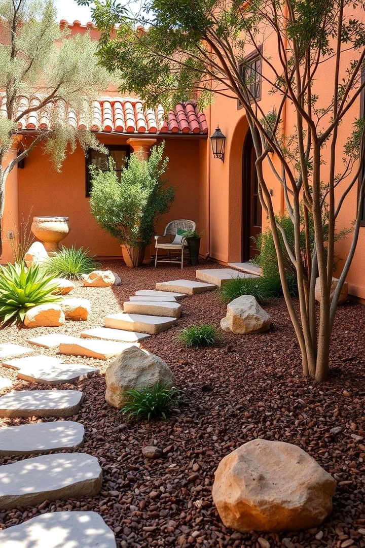 Mediterranean Inspired Yard with Terracotta Rocks and Mulch - 22 Front Yard Landscaping Ideas With Rocks and Mulch