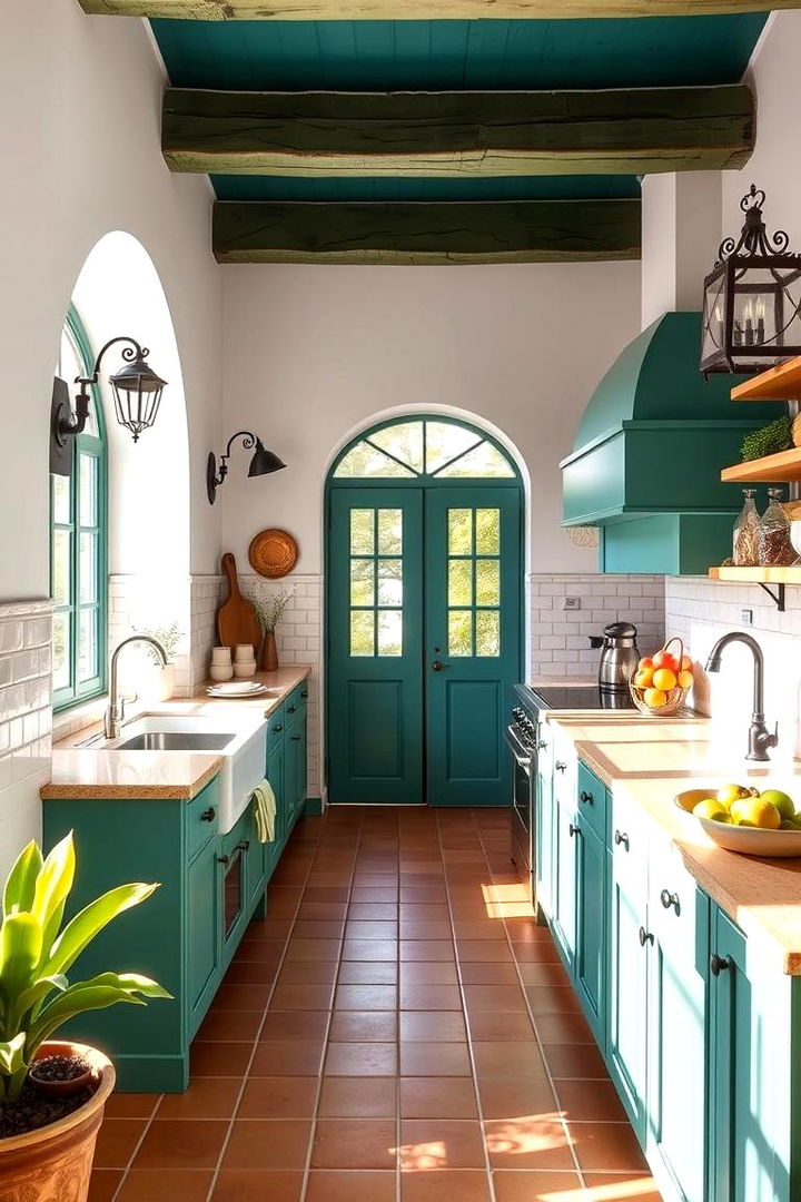 Mediterranean Teal and White Kitchen with Warm Accents - 22 Teal and White Kitchen Ideas