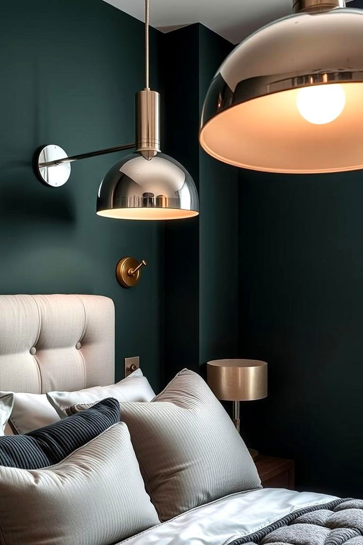 Metallic Lighting with Dark Green Backdrop - 22 Dark Green Bedroom Ideas