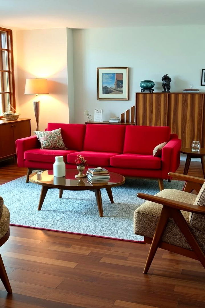 Mid Century Modern Magic - 22 Red Couch Living Room Ideas