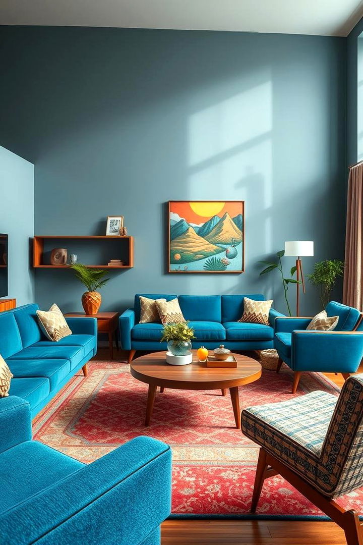 Mid Century Modern Vibe - 22 Blue Couch Living Room Ideas