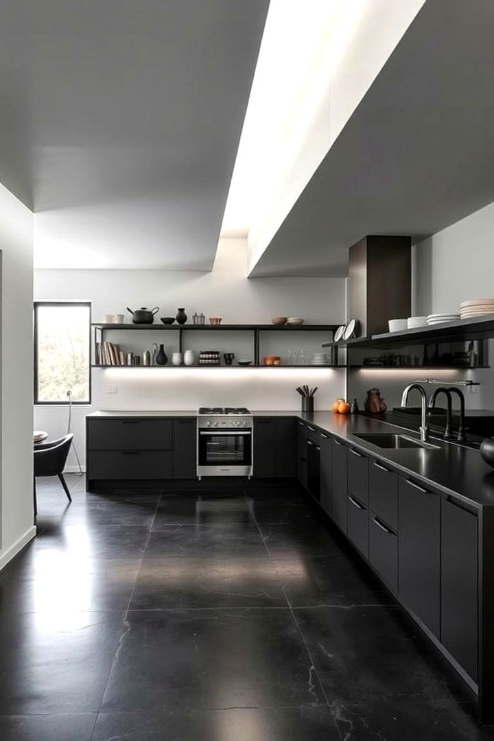 Minimalist Black Concrete Finishes - 22 Black Floor Kitchen Ideas