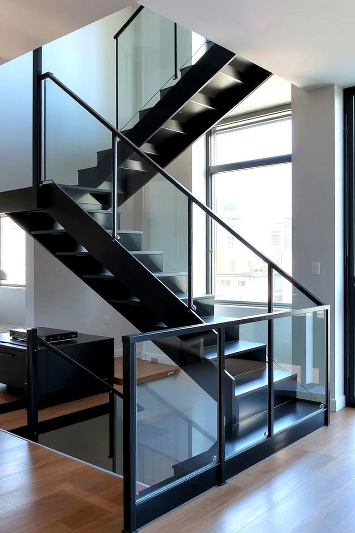 Minimalist Black Staircase with Glass Railings - 22 black staircase ideas