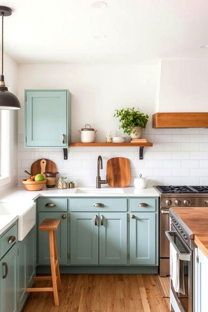Minimalist Farmhouse Teal and White Kitchen with Wood Finishes - 22 Teal and White Kitchen Ideas