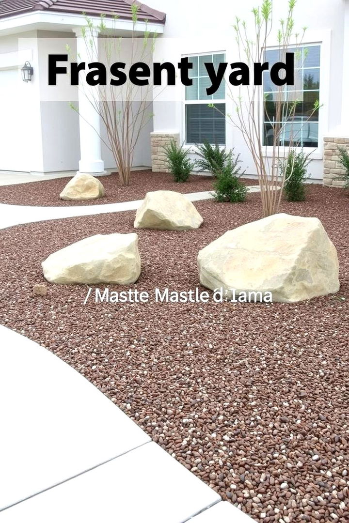 Minimalist Front Yard Design with Structural Rock Features and Mulch - 22 Front Yard Landscaping Ideas With Rocks and Mulch