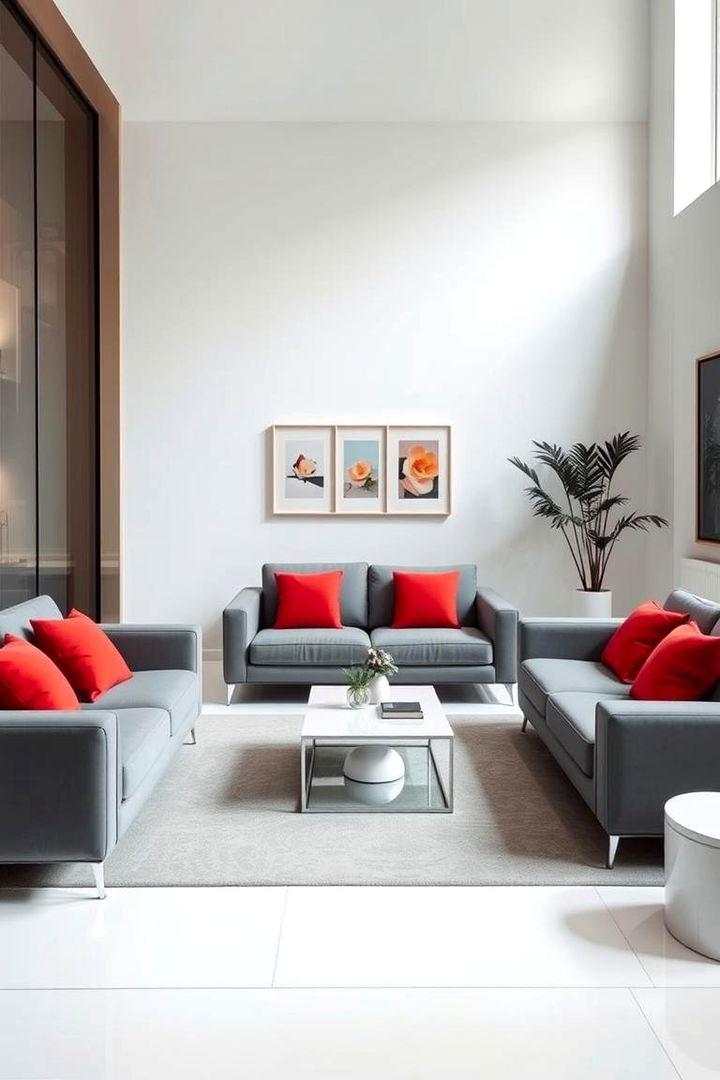 Minimalist Grey with Red Accessories - 22 Red and Grey Living Room Ideas