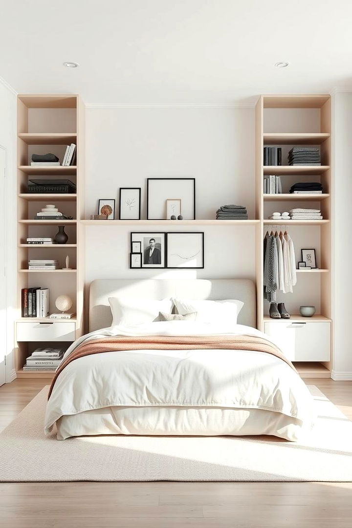 Minimalist Open Shelves - 22 Built-in Wardrobe Ideas Around a Bed