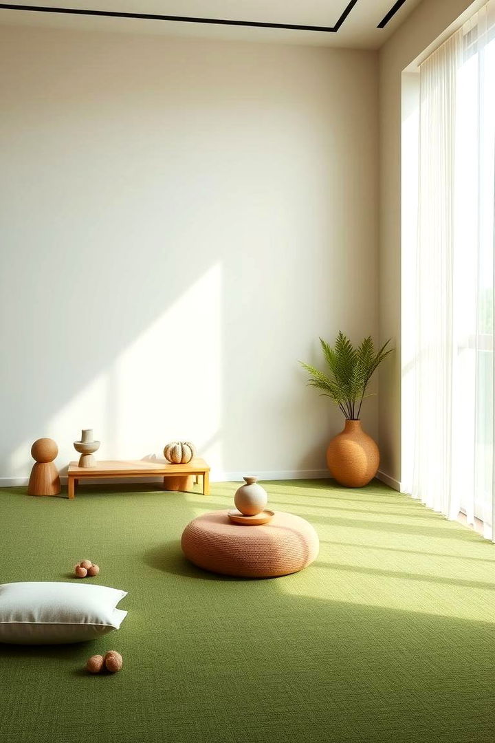 Minimalist Zen Living Space - 22 Green Carpet Living Room Ideas