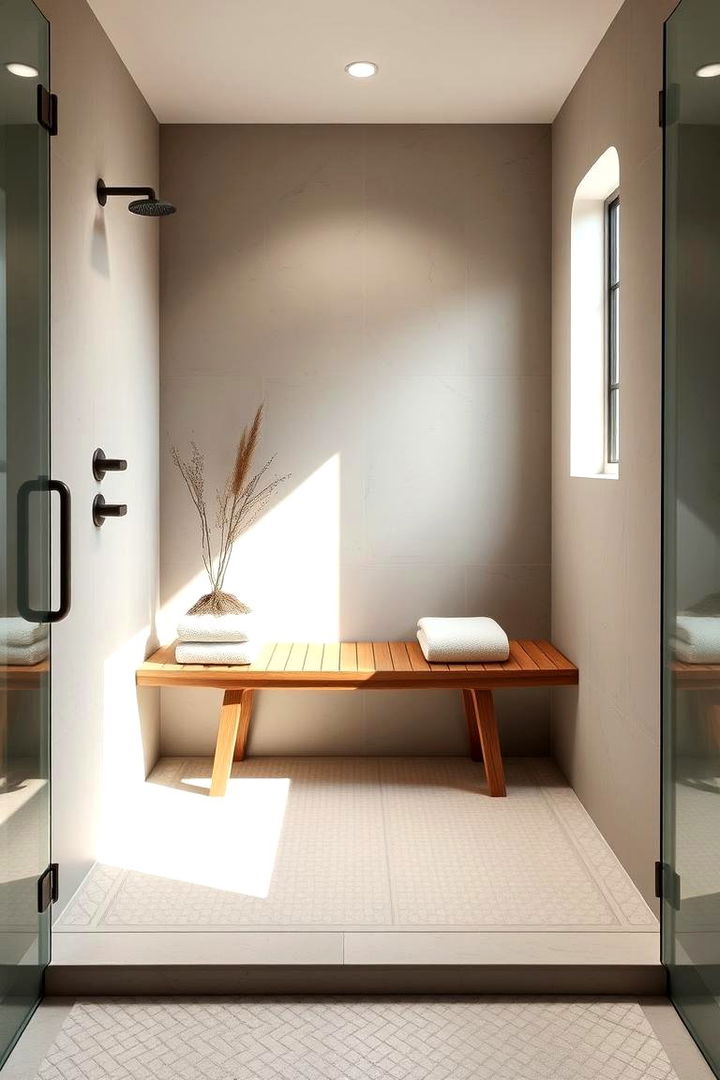 Minimalist Zen Retreat Bench - 22 Walk in Shower Ideas With Bench