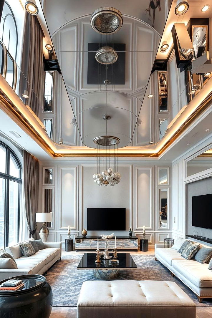 Mirror and Metallic Accents - 22 Living Room False Ceiling Design Ideas