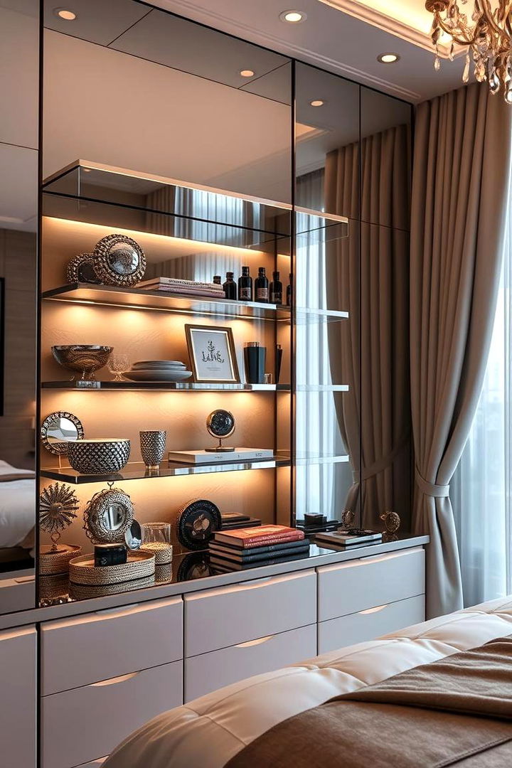 Mirrored Shelves for Glamorous Reflections - 22 Bedroom Shelving Ideas