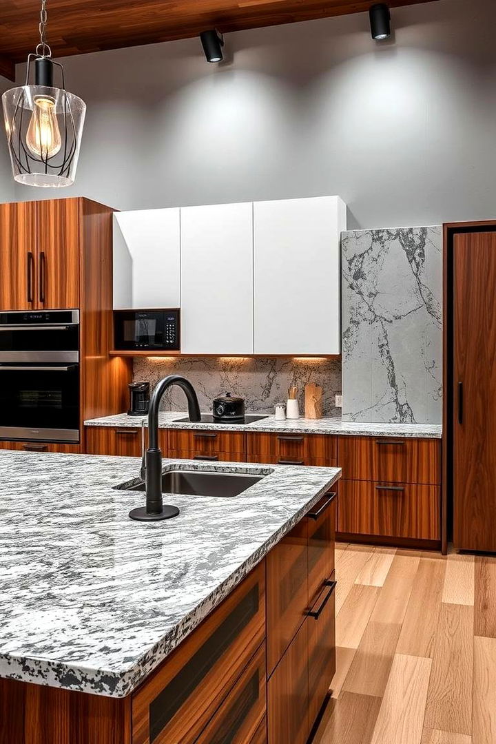 Mixed Material Contrasts - 22 Granite Kitchen Countertop Ideas